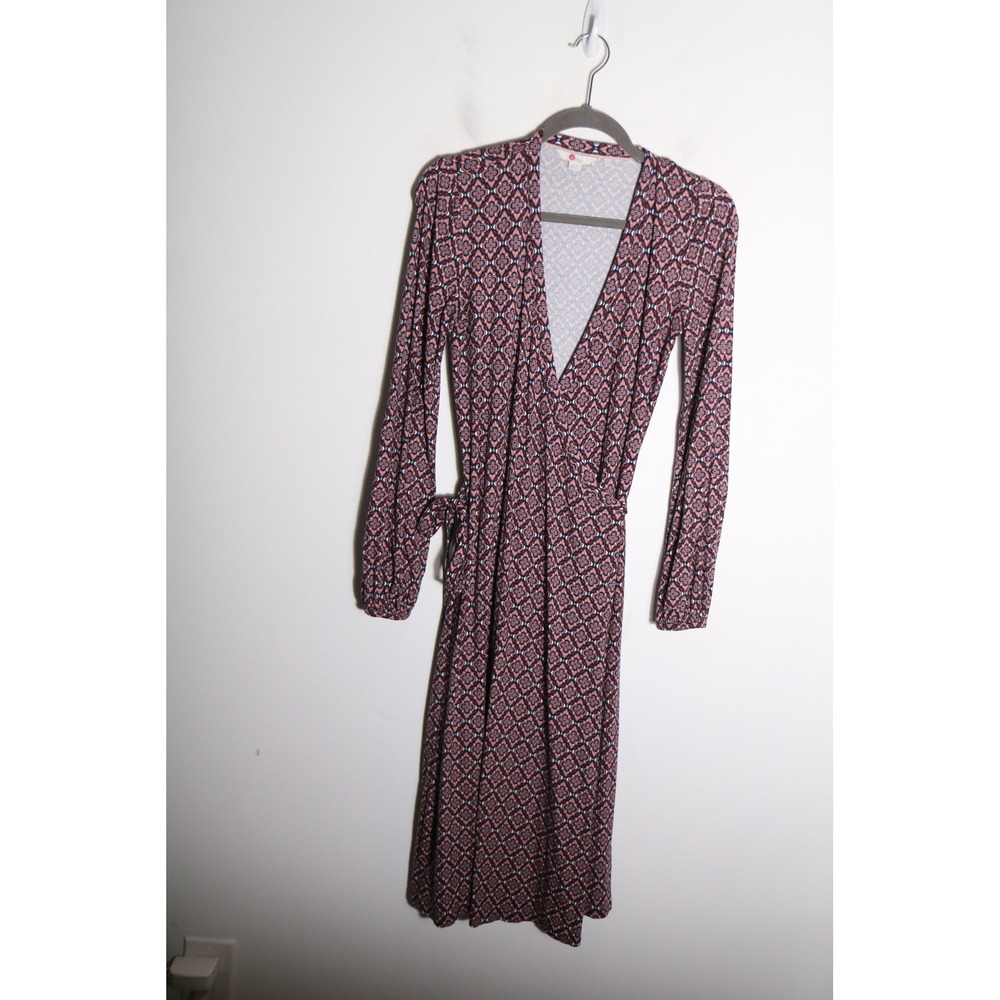Boden Elodie Wrap Jersey Dress Womens 4L Red Geometric Long Sleeve